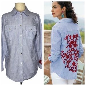 Soft Surroundings Striped Red Embroidered Button Down Blouse Top Medium